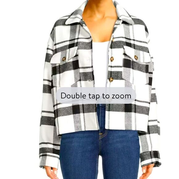 Love Tree Love' Cropped Plaid Shirt Jacket Boxy Warm Cream M Cozy Chic Pockets - Picture 1 of 14
